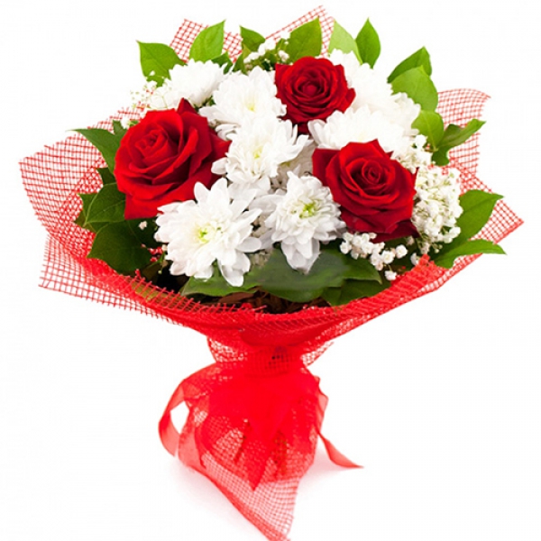 Daisy Red Rose Bouquet Resim 2