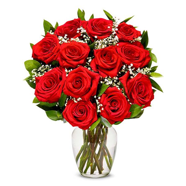 12 Red Roses in Vase Resim 1