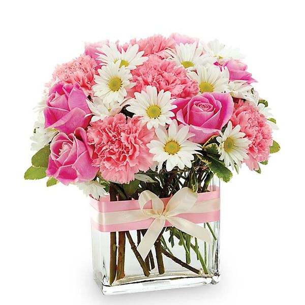  Pink and White Flowers in a Square Vase