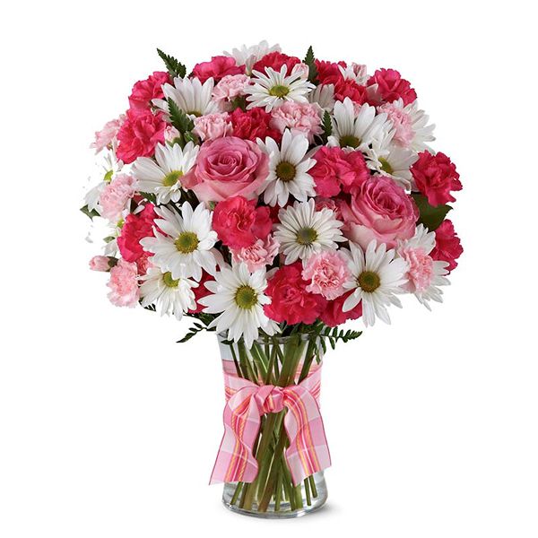 Розовые и белые цветы в вазе Resim 1